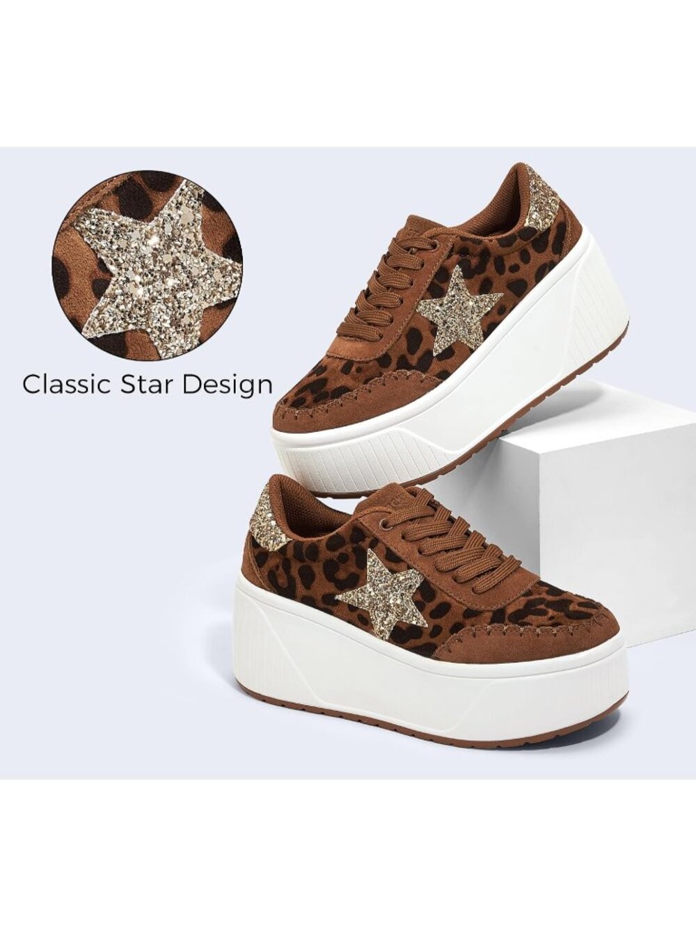 Women's Leopard Platform Chunky Fashion Star Glitter Sparkly Wedge Sneakers - Picture 5 of 6